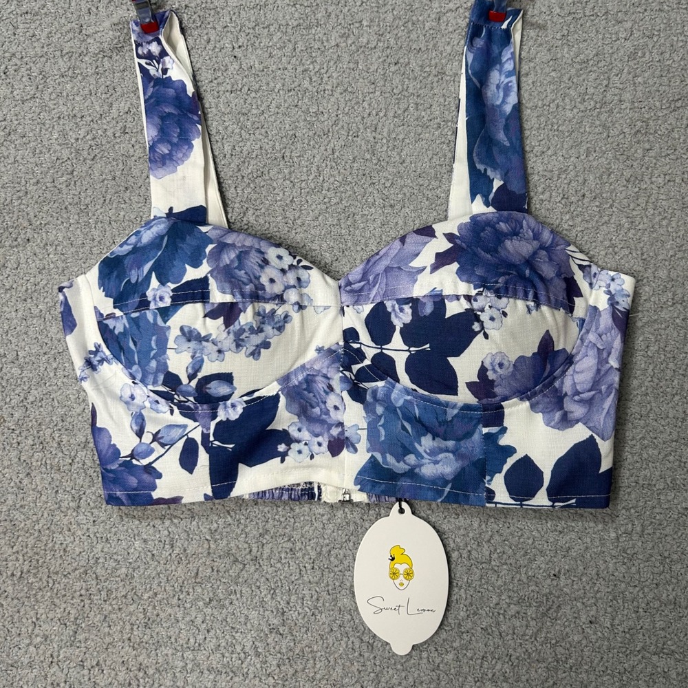 Sweet Lemon Bustier Crop‎ Top S Blue Floral Cottagecore Coquette Summer